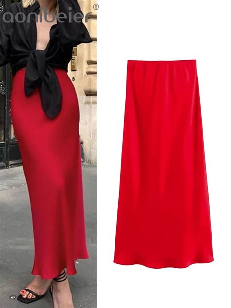 Aonibeier Y2K Red Thin Satin Women Long Skirt Traf 2024 Spring Elastic