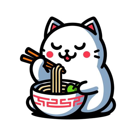 Un gato lindo comiendo fideos de ramen ilustración vectorial de dibujos