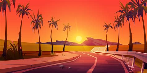 Empty Asphalt Road With Palm Trees Tropic Sunset Vector Art