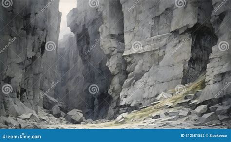 Crag A Hyper Detailed Painting Of Grass And Rock Inside A Cliff Stock