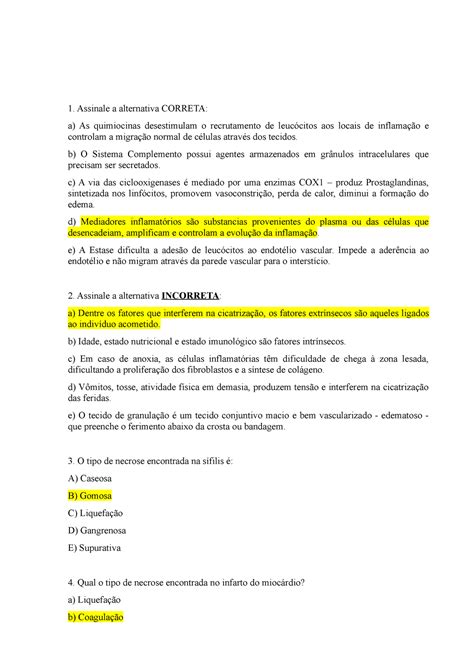 Atividade Gabarito Exercício de Patologia Geral Respostas Assinale