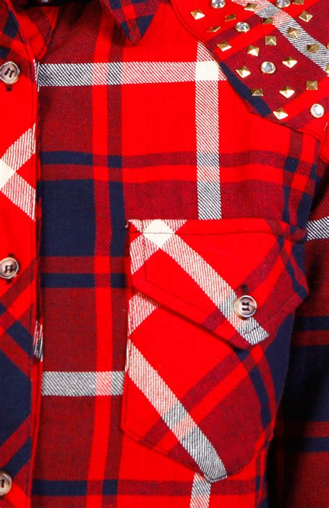 Shoulder Studded Plaid Shirt In Red Dailylook