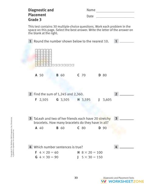 Grade 4 Math Diagnostic Assessment Part 1 Worksheet