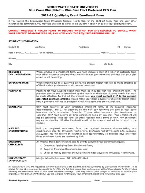 Fillable Online Bridgewater Qualifying Event Enrollment Form 2122 Pdf