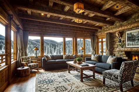 Ski chalet-style (office interior) with desk lamps and office chairs ...