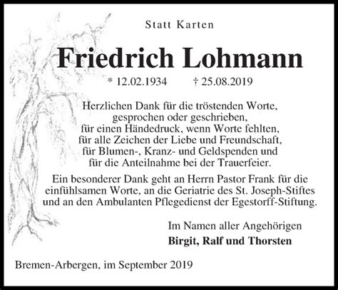 Traueranzeigen Von Friedrich Lohmann Trauer Gedenken