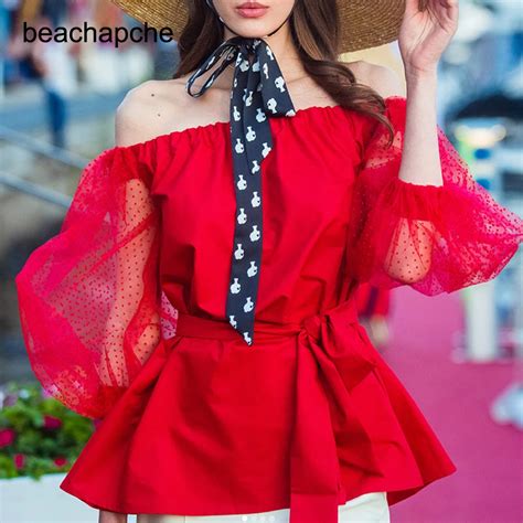 2018 Autumn Women Blouse Slash Neck Off The Shoulder Blouses Lace