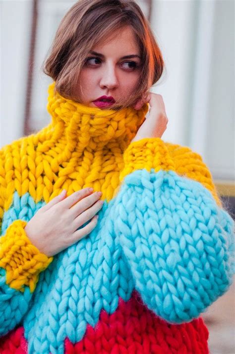 Chunky Knit Sweater With Heart Multicolor Knitted Turtleneck