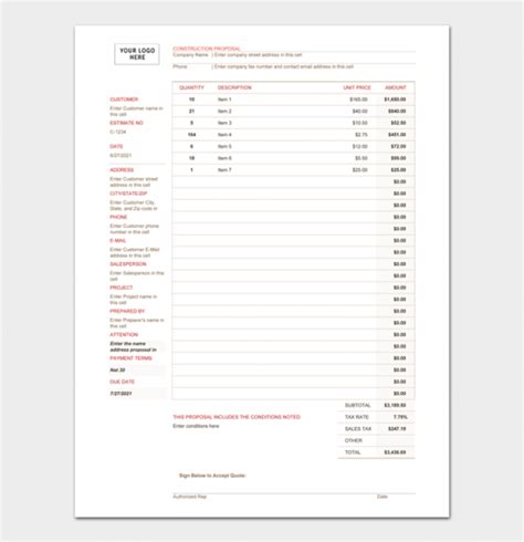 Free Construction Invoice Templates Word Excel Pdf Doc Formats