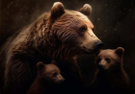 Premium AI Image | a grizzly bear and her cubs are standing in front of ...