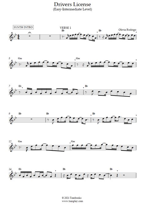 Drivers License Easyintermediate Level Olivia Rodrigo Flute Sheet Music