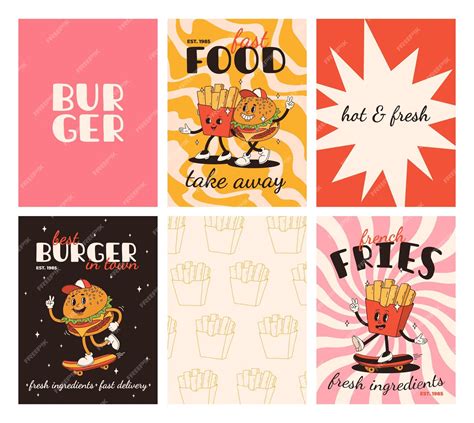 Premium Vector Set Of Fast Food Posters Retro Groovy Cards With