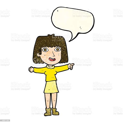 Cartoon Happy Woman Pointing With Speech Bubble Stock Illustration