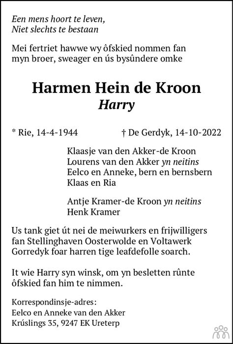 Harmen Hein Harry De Kroon Overlijdensbericht En