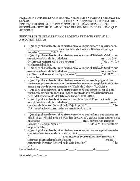PLIEGO DE POSICIONES PARA JUICIO EJECUTIVO MERCANTIL - Studocu