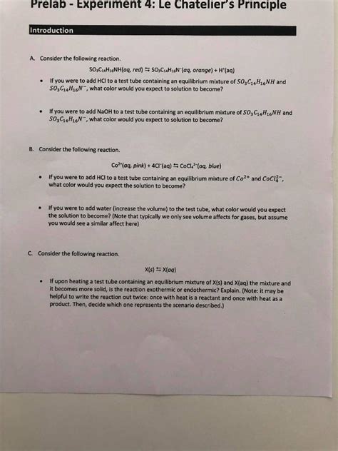 Solved Prelab Experiment 4 Le Chatelier S Principle Chegg