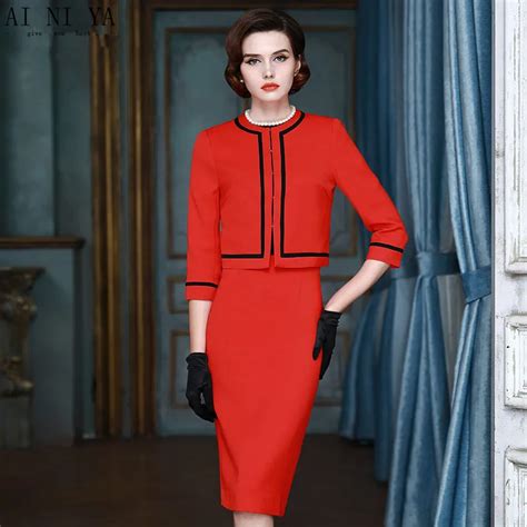 Red Women Skirt Suits Autumn Office Formal Skirt Suit Short Sleeve Ol