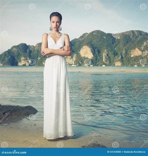 Lady in White Dress on a Seashore Stock Photo - Image of natural ...