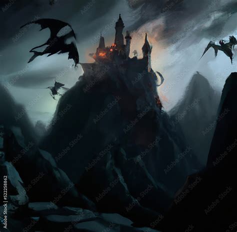 Mystic dark fantasy medieval castle with dragons flying in the sky ...