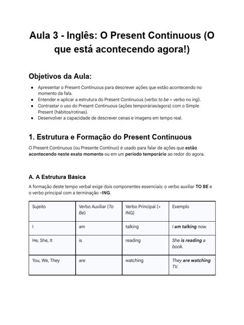 O Verbo To Do No Present Continuous É - Estrutura do Present Continuous | PDF | Assunto (gramática) | Famílias ...