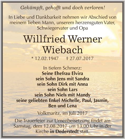 Traueranzeigen Von Willfried Werner Wiebach Abschied Nehmen De