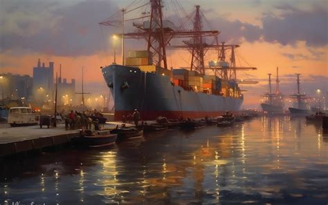 Premium AI Image | A painting of a ship at sunset with a sunset in the ...