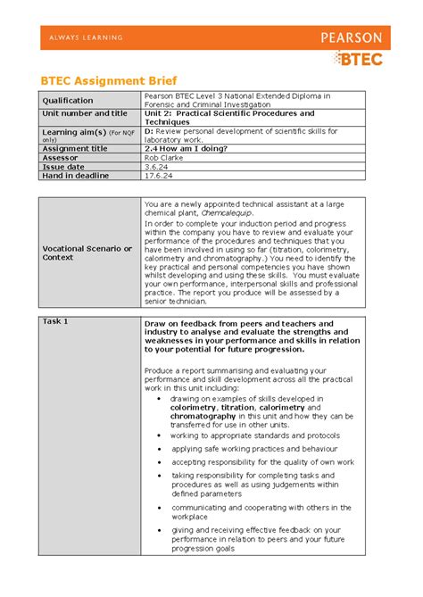 Unit 2 D Brief Btec Assignment Brief Qualification Pearson Btec Level