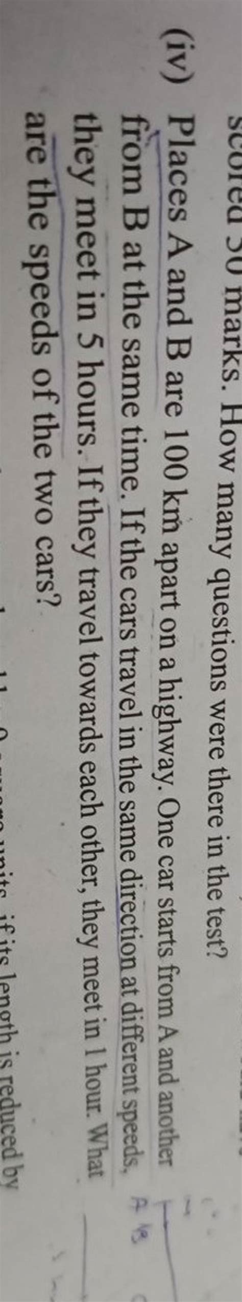 Iv Places A And B Are Km Apart On A Highway One Car Starts From A