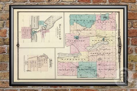 Vintage Green Lake County Wi Map 1878 Old Wisconsin Map Etsy