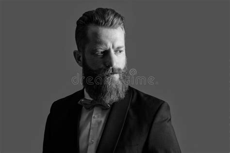 Face Of Bearded Man In Tux Formalwear Isolated On Grey Background Man