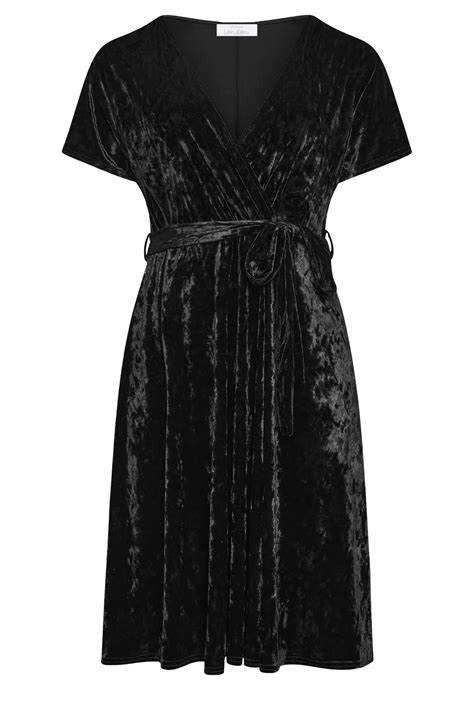 Yours London Plus Size Black Velvet Wrap Skater Dress Yours Clothing