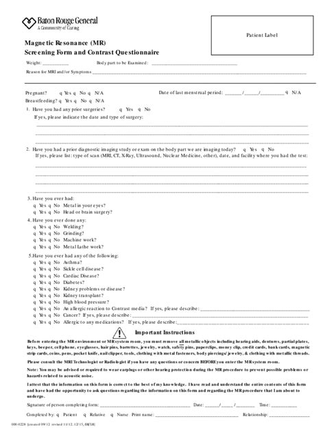 Fillable Online Radiology Mr Procedure Screening Form 0228 Radiology Mr Procedure Screening