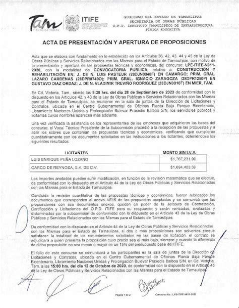 Pdf Acta De Presentaci N Y Apertura De Proposiciones Itife Gobierno