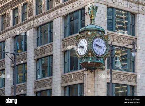 View Of Ornate Clock On Street Corner Chicago Illinois United States