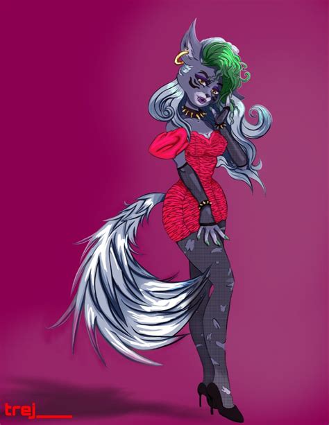 a drawing of a woman dressed in black and white with green hair, wearing red