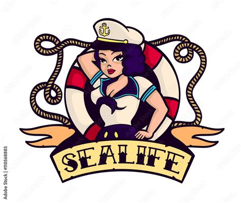 Vetor De Sea Life Sexy Pinup Sailor Girl With Lifebuoy Cartoon Vector