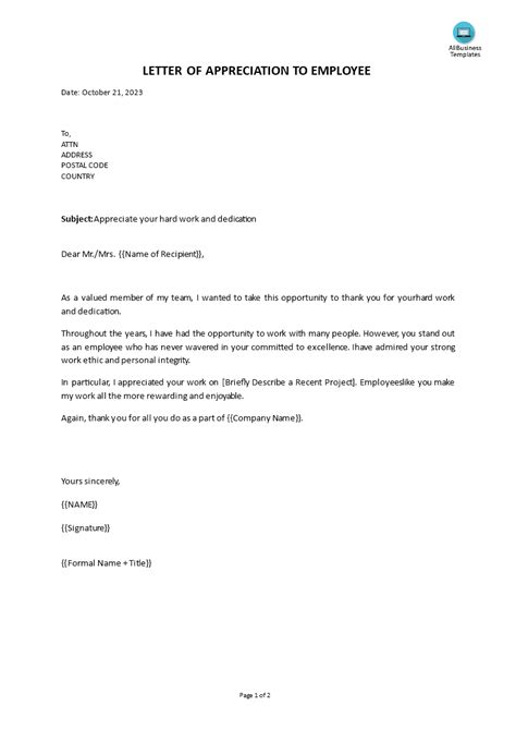 Employee Appreciation Letter For Hard Work And Dedication Templates