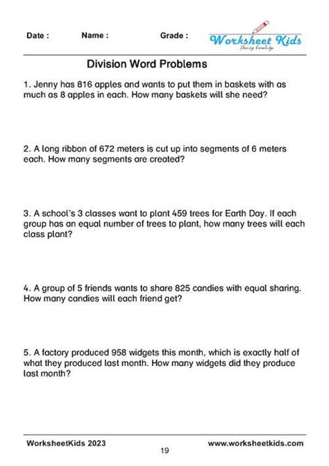 Division Word Problems Worksheets For Grade 3 5 Simple To Long