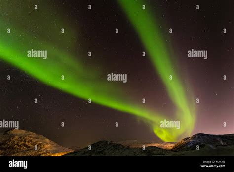 Northern Lights Over Snow Covered Mountains Near Tromso Norway Stock