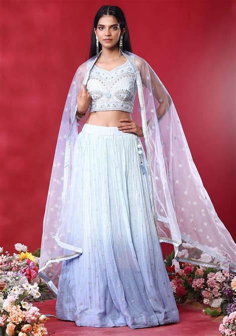 Buy Women Powder Blue Sequin Embroidered Lehenga Set With Embellished