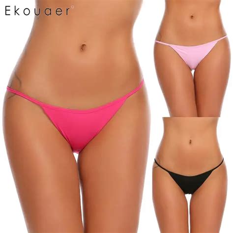 Ekouaer 3pcs Set Women Panties Sexy Solid Sleepwear Nightwear Lingerie Low Waist Sleek String