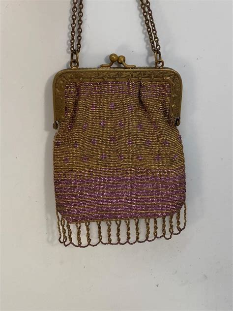 Antique Vintage Gold Purple Microbead Flapper Purse Clutch Handbag