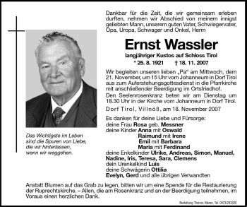 Traueranzeigen Von Ernst Wassler Trauer Bz