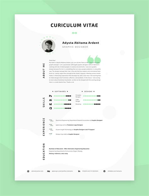 A Green And White Resume Template With An Image Of A Man S Face On It