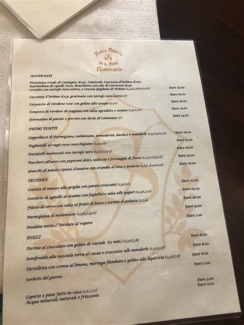 Menu Da Ristorante Antica Osteria Da La Stella Urbino