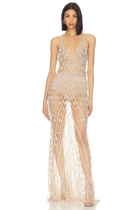 PatBO Hand Beaded Pearl Crystal Gown In Nude REVOLVE