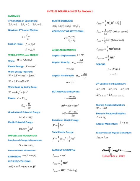 Phys Formula Sheet For Module Phys Formula Sheet For Module