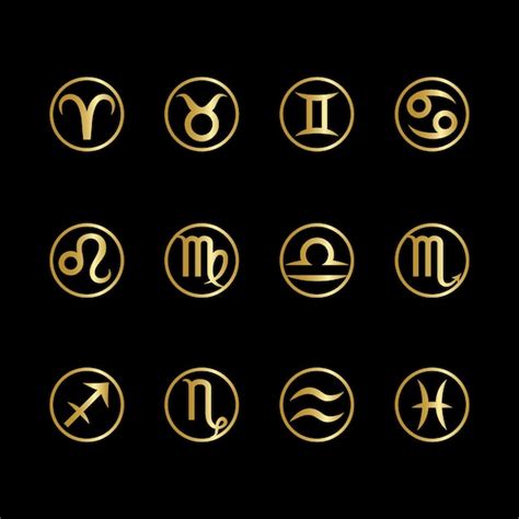 Zestaw złotych metalowych znaków zodiaku i symboli z nazwami na czarnym