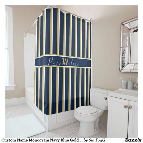 Custom Name Monogram Navy Blue Gold White Stripes Shower Curtain Zazzle