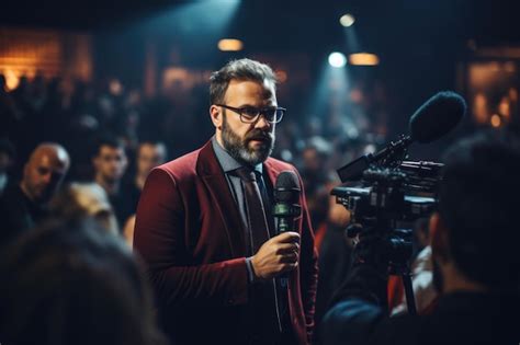 Un Periodista Con Un Micr Fono Explorando Historias Llevando A Cabo